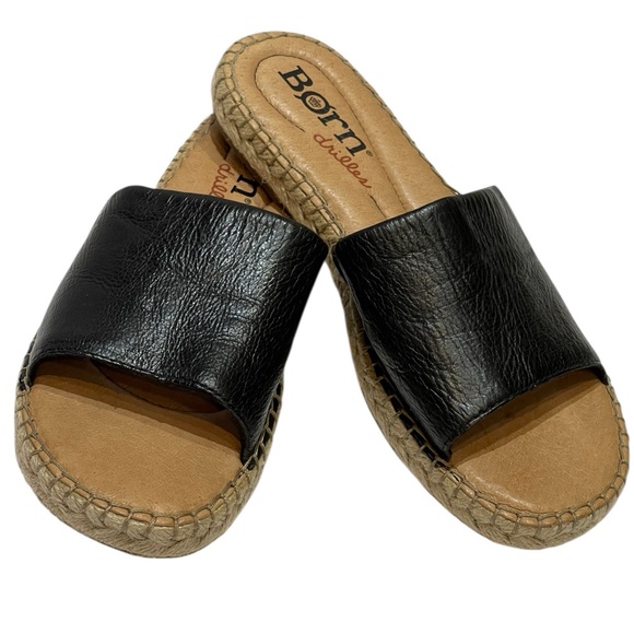 Born Shoes - BORN SAN BENITO BLACK LEATHER ESPADRILLE SLIDE SANDALS SZ 7M EUC